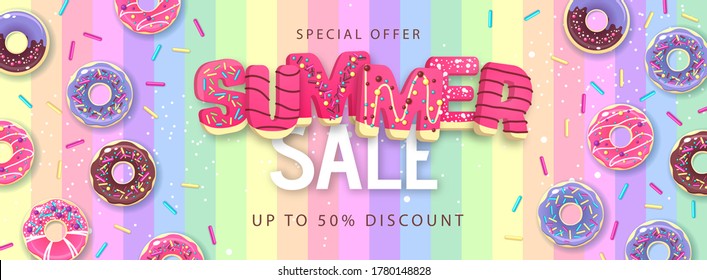 Colorful summer big sale poster with sweet donuts. Summertime background. Junk food background. Typography design