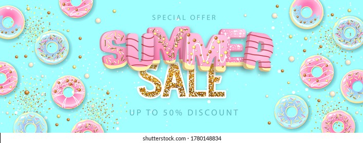 Colorful summer big sale poster with sweet donuts. Summertime background. Junk food background. Typography design