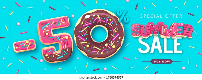 Colorful summer big sale poster with sweet donuts. Summertime background. Junk food background. Typography design