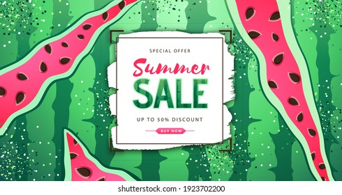 Colorful summer big sale poster with watermelon. Summertime background