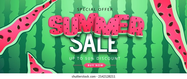 Colorful summer big sale poster with watermelon. Summertime background