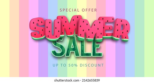 Colorful summer big sale poster with watermelon. Summertime background