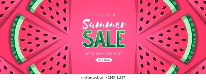 Colorful summer big sale poster with watermelon. Summertime background