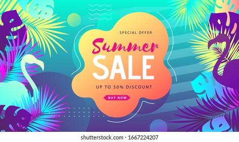 Colorful summer big sale tropical gradient poster with fluorescent tropic leaves and flamingo. Summertime background