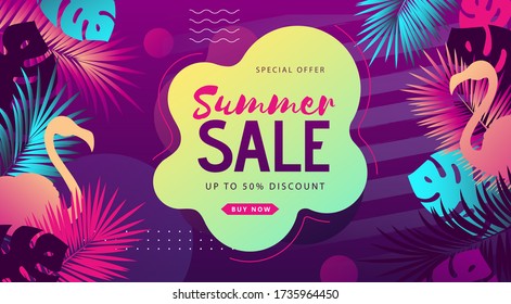 Colorful summer big sale tropical gradient poster with fluorescent tropic leaves and flamingo. Summertime background