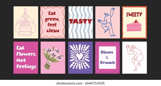 Colorful summer bistro banners with trendy short phrases about fresh fruits, vegetables, flowers
