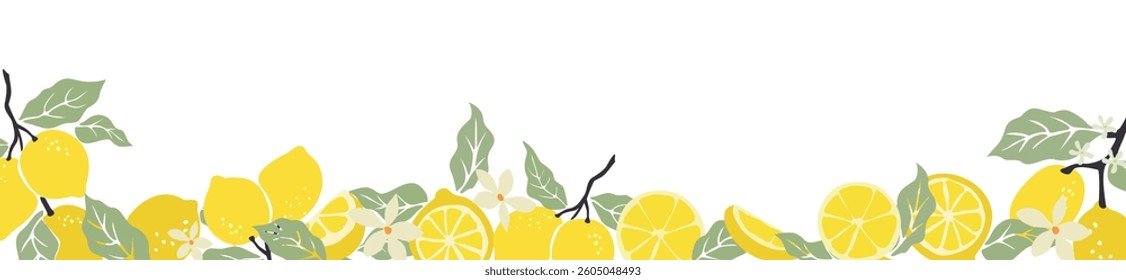 Colorful summer border with fresh lemon citrus fruits, leaves and flowers. Horizontal banner, overlay backdrop. Botanical hand drawn vector illustration isolated on white background.