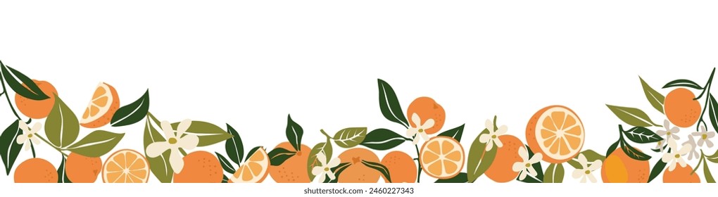 Colorful summer border with fresh orange citrus fruits, leaves and flowers. Horizontal banner, overlay backdrop. Botanical hand drawn vector illustration isolated on white background. Not AI generated