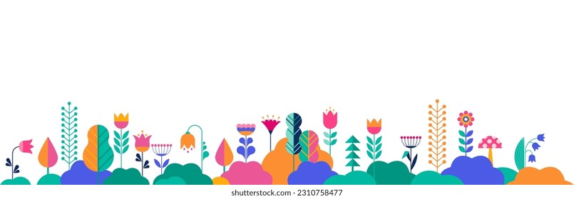 Colorful summer border in simple flat style with copy space for text - background with trees, plants and flowers - backdrop for greeting cards, posters, banners and flyers. Vector illustration.