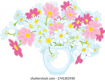 Colorful summer bouquet of beautiful garden flowers in a white vase, vector cartoon illustration isolated on a white background