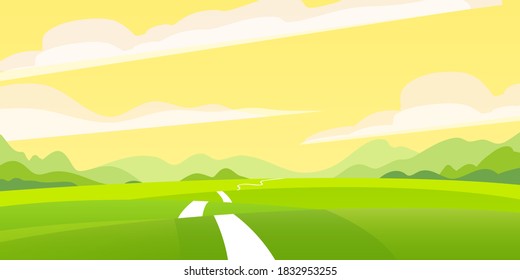 Los coloridos campos de verano son luminosos. Ilustración vectorial de estilo plano