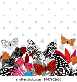 Colorful summer butterflies. Seamless vector border with graphic elements inspired by nature. Trendy design for cards, packaging and textile. On white background.