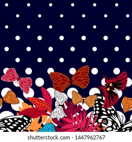 Colorful summer butterflies. Seamless vector border with graphic elements inspired by nature. Trendy design for cards, packaging and textile. On black dotted background.