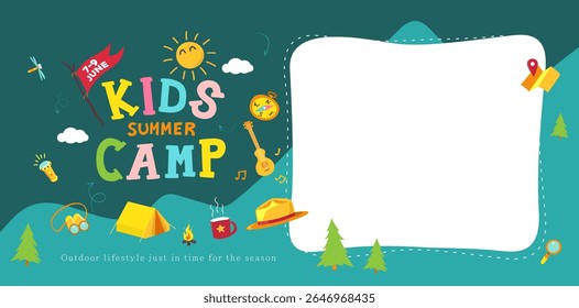 Colorful summer camp banner with cartoon kids elements forest icons and blank area for text perfect for event promotion poster or social media layout