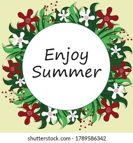 colorful summer card template with round frame, flowers, branches with berries and green leaves 