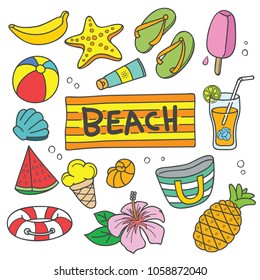 Colorful summer cartoon illustration. Vector illustration of summer on the bach elements in doodle style isolated over white background.