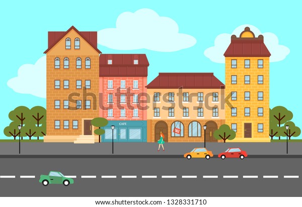 Colorful summer city landscape flat concept\
with buildings of different constructions walking woman trees cars\
vector illustration