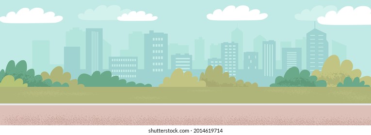 Colorful summer city park landscape. Modern urban buildings cityscape and green color park area