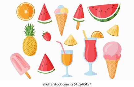 Coleção colorida clipart de verão com ilustrações brilhantes de frutas tropicais, sorvete, picolés e coquetéis refrescantes.