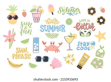 Colorful summer clipart set with lettering. Hand-drawn holiday decoration and typography. Isolated vector illustration designs with season elements like swimsuit, sunglasses, starfish and others.