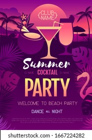 Colorful summer cocktail disco party poster with fluorescent tropic leaves and flamingo. Summertime beach background