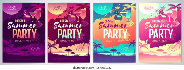 Colorful summer cocktail disco party poster with fluorescent tropic leaves and flamingo. Summertime beach background