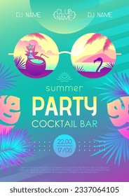 Colorful summer cocktail disco party poster with tropic leaves and flamingo. Summertime beach background. Vector illustration