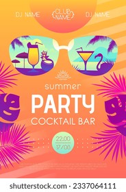 Colorful summer cocktail disco party poster with tropic leaves and flamingo. Summertime beach background. Vector illustration