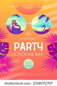 Colorful summer cocktail disco party poster with tropic leaves and flamingo. Summertime beach background. Vector illustration