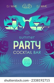 Colorful summer cocktail disco party poster with tropic leaves and flamingo. Summertime beach background. Vector illustration