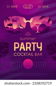 Colorful summer cocktail disco party poster with tropic leaves and flamingo. Summertime beach background. Vector illustration