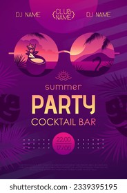 Colorful summer cocktail disco party poster with tropic leaves and flamingo. Summertime beach background. Vector illustration