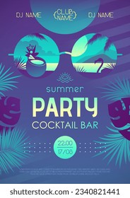 Colorful summer cocktail disco party poster with tropic leaves and flamingo. Summertime beach background. Vector illustration