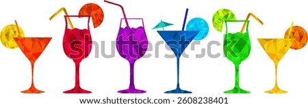 colorful summer cocktail vector set with geometric triangle style, bright polygonal drinks with fruit and straws isolated on white for party, beach, bar designs
