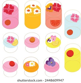 Colorful Summer Cocktails with Floral and Citrus Garnishes | Vibrant Drink Illustrations | Perfect for Seasonal and Beverage-Themed Designs | High-Quality Vector Art