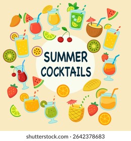 Colorful Summer Cocktails Set. Tropical Refreshing Drinks Vector Illustration. 