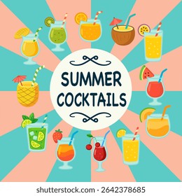 Colorful Summer Cocktails Set. Tropical Refreshing Drinks Vector Illustration. 
