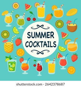 Colorful Summer Cocktails Set. Tropical Refreshing Drinks Vector Illustration. 