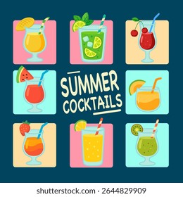 Colorful Summer Cocktails Set. Tropical Refreshing Drinks Vector Illustration. 
