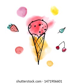 Colorful summer cold dessert ink doodle ice cream with watercolor texture. Vector stock illustration. Cute icons. Can be used for printed materials. Food holiday background. Hand drawn festive card. 