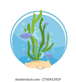 A colorful summer composition with fish, seaweed, starfish, and shells. Vector graphics.