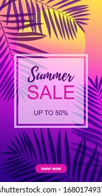 Colorful summer design template for social media stories with tropical palm trees. Exotic frame with space for text