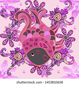 Colorful summer design. Underwater vector abstract background, tropical sea fish seamless pattern with exotic fish on neutral, pink and violet colors.