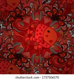 Colorful summer design. Underwater vector abstract background, tropical sea fish seamless pattern with exotic fish on black, orange and red colors.