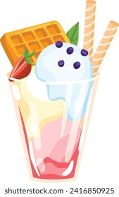 Colorful summer dessert with blueberry ice cream, waffle, and strawberry. Sweet treat in a glass cup with melting scoops. Delicious sundae and refreshing snack vector illustration.
