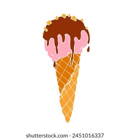 Colorful summer dessert ice cream sundae in a waffle cup.Vector graphics.