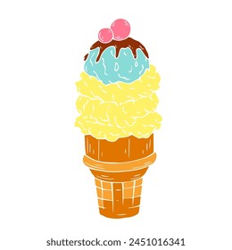 Colorful summer dessert ice cream sundae in a waffle cup.Vector graphics.