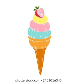 Colorful summer dessert ice cream sundae in a waffle cup.Vector graphics.