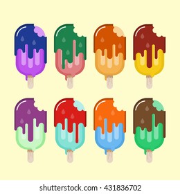 Colorful summer dessert. Ice-cream icon set. Bitten sweet food on wood stick with melted glaze flow. Vector illustration