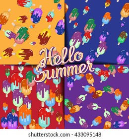 Colorful summer dessert. Ice-cream seamless pattern set. Bitten sweet food on wood stick with melted glaze flow. Vector illustration